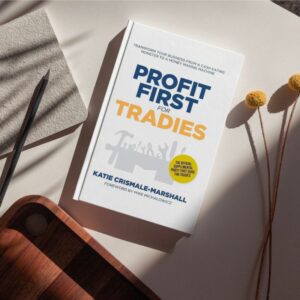 A compelling book cover featuring the title "Profit First for Tradies" in bold, eye-catching letters against a background depicting tools and equipment commonly used in the trades industry. The cover design represents the intersection of financial management and trades expertise, highlighting the importance of prioritizing profitability and financial success within the trades industry.