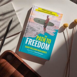 A compelling book cover featuring the title "The Path To Freedom: The 9 Steps To Create A Highly Profitable Business That Runs Without You" in bold, prominent letters against a backdrop of a winding road leading towards a vibrant sunrise. The cover design signifies the journey towards business success and freedom, emphasizing the importance of building a profitable enterprise that can operate independently of the owner's constant presence.