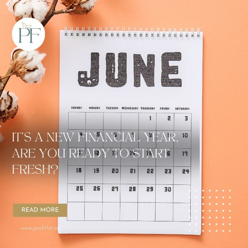 Professional office setting with financial documents, a laptop, and a calendar showing June 30, featuring the Profit First Strategy with labeled jars for "Profit," "Tax/GST," "Owner's Pay," "Revenue," and "Operating Expenses."